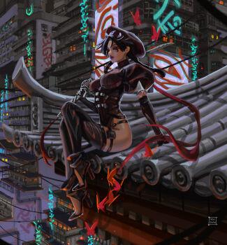 1girl arm_support black_hair breasts commentary crossed_legs english_commentary eyeshadow facial_mark foot_dangle hat high_heels highleg highleg_leotard highres holding holding_sword holding_weapon juliet_sleeves katana large_breasts leotard long_sleeves makeup marvel marvel_rivals night on_roof outdoors paid_reward_available psylocke psylocke_(blood_kariudo) puffy_sleeves sitting solo sword tatti_art thighhighs variant_set weapon x-men