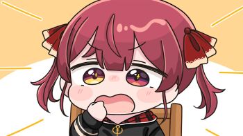 1girl black_jacket blush_stickers brown_eyes chibi hair_ribbon hand_up heterochromia hololive houshou_marine houshou_marine_(summer) jacket long_sleeves mochimiko official_alternate_costume open_mouth puffy_long_sleeves puffy_sleeves red_eyes red_hair red_ribbon ribbon sleeves_past_wrists solo twintails v-shaped_eyebrows virtual_youtuber wavy_mouth