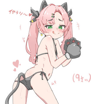 +++ 1girl :q aged_down anal anal_beads anal_object_insertion anal_tail animal_ears animal_hands ass bare_back bare_shoulders bikini black_bikini blush butt_plug cameltoe cat_ears cat_paws character_age cowboy_shot dot_nose earrings fake_animal_ears fake_tail flat_chest from_behind gloves green_eyes hair_ornament hairclip heart heart_earrings highres jewelry loli long_hair looking_at_viewer looking_back navel nicole_demara object_insertion parted_bangs paw_gloves pink_hair side-tie_bikini_bottom simple_background smile solo string_bikini swimsuit tail tongue tongue_out translation_request twintails white_background youyoukai zenless_zone_zero