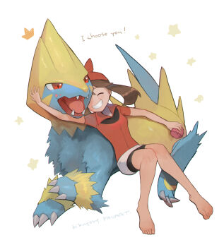 1girl bandana barefoot bike_shorts brown_hair commentary_request fangs food food_on_face gen_3_pokemon grin happy highres holding kikuyoshi_(tracco) knees knees_together_feet_apart long_hair manectric may_(pokemon) nintendo open_mouth poffin pokemon pokemon_(creature) pokemon_rse red_bandana red_shirt shirt short_sleeves signature skirt smile teeth toes tongue white_background white_skirt