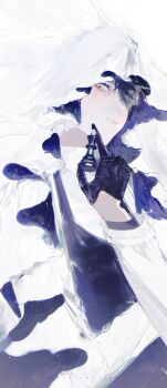 1boy absurdres black_gloves black_shirt chess_piece cloak coat commentary gloves hair_over_one_eye hand_up highres holding holding_chess_piece hood hood_up hooded_cloak male_focus omniscient_reader&#039;s_viewpoint roellm secretive_plotter shirt solo starry_sky_print symbol-only_commentary white_coat wide-eyed yellow_eyes yoo_joonghyuk