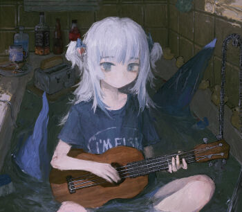 1girl alcohol bathroom bathtub beer blue_eyes blunt_bangs bread bread_slice canvas_texture chunkyeggy cigarette coca-cola commentary crossed_legs cup fins fish_tail food gawr_gura glass_bottle hair_bobbles hair_ornament highres holding holding_instrument holding_ukulele hololive hololive_english instrument jack_daniel&#039;s light_blush looking_at_viewer medium_hair music no_mouth plastic_bottle plate playing_instrument rubber_duck shark_girl shark_tail shirt short_twintails sitting solo t-shirt tail toast toaster twintails ukulele virtual_youtuber water whiskey white_hair