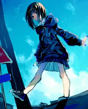 1girl black_eyes black_hair blue_hoodie blue_nails blue_shoes blue_skirt blue_sky commentary_request day fingernails full_body grin hood hood_down hoodie looking_at_viewer original outdoors plaid_clothes plaid_skirt pleated_skirt road_sign shinjitsu_no_kuchi shoes short_hair sign skirt sky smile sneakers solo standing stop_sign
