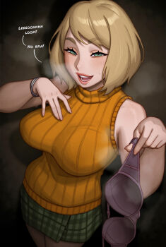 1girl aqua_eyes ashley_graham blonde_hair bra bracelet breasts commentary english_commentary english_text freckles green_skirt half-closed_eyes hand_on_own_chest hands_up highres holding holding_bra holding_underwear holding_unworn_clothes jewelry large_breasts looking_at_viewer miniskirt naughty_face orange_sweater resident_evil resident_evil_4 riz skirt sleeveless sleeveless_sweater smile solo steaming_body sweat sweater thick_eyebrows turtleneck turtleneck_sweater underwear unworn_bra