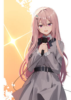 1girl :d absurdres backlighting belt black_belt blush bow bowtie collared_shirt commentary cowboy_shot eyelashes eyes_visible_through_hair film_grain grey_jacket grey_skirt hair_between_eyes hair_intakes hands_up happy harumi_ena highres holding holding_microphone jacket limelight_lemonade_jam long_hair long_sleeves looking_at_viewer medium_skirt microphone nodoameyatou open_mouth orange_background own_hands_together pink_hair red_bow red_bowtie red_eyes school_uniform shirt simple_background skirt smile solo straight_hair teeth two-tone_background upper_teeth_only very_long_hair white_background white_shirt