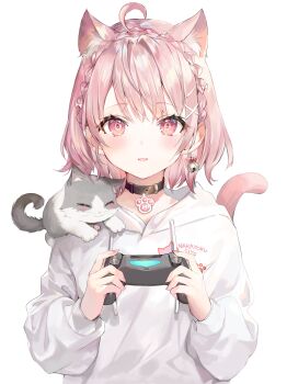 1girl absurdres ahoge animal animal_collar animal_ear_fluff animal_ears animal_on_shoulder bell bell_earrings black_choker blush bob_cut braid cat cat_ears cat_girl cat_on_shoulder cat_tail choker collar controller crown_braid drawstring earrings extra_ears game_controller hair_ornament happy haruru_(vtuber) highres holding holding_controller holding_game_controller hood hood_down hoodie indie_virtual_youtuber jewelry jingle_bell long_sleeves looking_at_viewer momoko_(momopoco) parted_lips paw_pendant pendant_collar pink_eyes pink_hair pink_tail puffy_long_sleeves puffy_sleeves short_hair simple_background single_earring smile solo straight-on symmetry tachi-e tail transparent_background two-handed upper_body virtual_youtuber white_hoodie x_hair_ornament