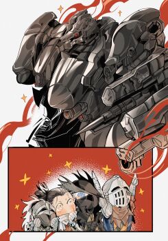 1other 4boys armor armored_core armored_core_vi:_fires_of_rubicon ashen_one_(dark_souls) black_hair bloodborne company_connection dark_souls_(series) dark_souls_i drenched-in-sunlight elden_ring fromsoftware greaves hat highres hunter_(bloodborne) knight male_focus mecha multiple_boys robot sekiro sekiro:_shadows_die_twice tarnished_(elden_ring)