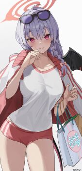 Rule 34 | 1girl, absurdres, bag, black wings, blue archive, braid, buruma, commentary request, demon wings, eyewear on head, fake wings, gym shirt, gym uniform, halo, haruna (blue archive), haruna (track) (blue archive), highres, holding, holding bag, jacket, jacket on shoulders, long hair, looking at viewer, official alternate costume, red buruma, red halo, shirt, shopping bag, side braid, single wing, smile, solo, track jacket, udonpan, white background, white hair, wings