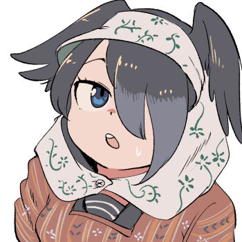 1girl bird_girl bird_wings black_hair black_serafuku blue_eyes brown_kimono feathered_wings hair_over_one_eye head_wings japanese_clothes jungle_crow_(kemono_friends) kemono_friends kimono looking_at_viewer mcgunngu school_uniform serafuku short_hair simple_background solo sweat towel wings