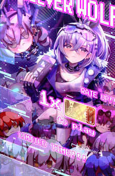 1girl absurdres black_gloves blue_eyes blue_jacket closed_mouth commentary_request crane_game fingerless_gloves gloves hair_ornament hairpin highres honkai:_star_rail honkai_(series) jacket long_hair looking_at_viewer pochaimo ponytail shirt silver_wolf_(honkai:_star_rail) solo white_shirt