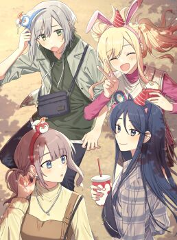 4girls :d ^_^ animal-themed_food animal_ear_hairband animal_ears asymmetrical_sidelocks bad_id bad_twitter_id bag black_hair black_pants blonde_hair blue_eyes blunt_bangs brown_hair closed_eyes closed_mouth cocov collared_shirt cup disposable_cup drawstring drink fake_animal_ears fanny_pack food green_eyes green_hoodie grey_eyes grey_hair hair_between_eyes hairband hat highres hinomori_shiho holding holding_drink hood hoodie hoshino_ichika_(project_sekai) jacket jewelry lapels leo/need_(project_sekai) locked_arms long_hair long_sleeves looking_at_another looking_back medium_hair mini_hat mochizuki_honami multiple_girls necklace notched_lapels open_clothes open_jacket open_mouth outdoors pants party_hat phenny_(project_sekai) pink_shirt plaid_clothes plaid_shirt project_sekai rabbit_ears shadow shirt short_hair shoulder_bag side_ponytail sidelocks sleeves_pushed_up smile sweatdrop sweater_vest tenma_saki tucking_hair turtleneck turtleneck_shirt twintails v yellow_shirt