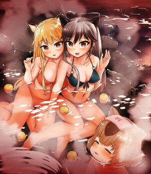 10s 2girls animal_ears bikini blue_bikini blush breasts brown_hair capybara_(kemono_friends) closed_eyes collarbone eyelashes ezo_red_fox_(kemono_friends) fox_ears hand_on_another&#039;s_thigh hand_on_thigh igakino_agenasu kemono_friends large_breasts looking_at_viewer multiple_girls navel red_bikini revision silver_fox_(kemono_friends) smile swimsuit yellow_eyes yuri