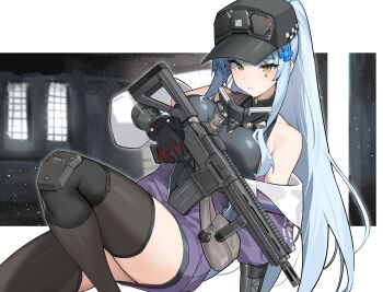 1girl assault_rifle baseball_cap blue_hair commentary_request flashbang girls&#039;_frontline girls&#039;_frontline_2:_exilium green_eyes gun h&amp;k_hk416 hat highres hk416_(girls&#039;_frontline) jacket klukai_(girls&#039;_frontline_2) leggings long_hair looking_at_viewer magazine_(weapon) purple_jacket rifle ryou_(ponpgo) simple_background tattoo teardrop teardrop_facial_mark teardrop_tattoo weapon