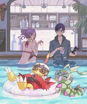 1boy 1girl 2others bikini closed_eyes digimon digimon_(creature) float hawkmon highres ichijouji_ken innertube inoue_miyako multiple_others swim_ring swimsuit wormmon
