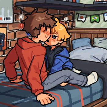2boys bed black_shirt blonde_hair blue_eyes blue_jacket blue_pants blush bookshelf brazilian_flag brick_wall brown_hair christmas_lights full_body highres hood hoodie imminent_kiss jacket japanese_flag luan_(umiko_zzz) multiple_boys no_shoes on_bed original pants pillow rafa_(umiko_zzz) red_hoodie shelf shirt socks umiko_zzz white_socks yaoi