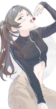 1girl absurdres black_shirt brown_eyes brown_hair brown_pants cherry commentary_request cropped_shirt food fruit highres holding holding_food holding_fruit idolmaster idolmaster_million_live! kitazawa_shiho long_hair long_sleeves looking_at_viewer midriff navel open_mouth pants ponytail shirt sitting solo tongue tongue_out vickyycy99