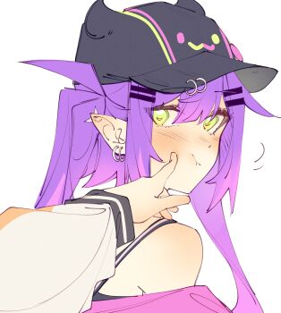 2girls absurdres baseball_cap bibi_(tokoyami_towa) black_hat black_tank_top blush cheek_poking commentary ear_piercing english_commentary fake_horns green_eyes hair_ornament hairclip hand_on_another's_cheek hand_on_another's_face hat highres hololive horned_headwear horns jacket legzy long_hair looking_at_viewer looking_to_the_side momosuzu_nene momosuzu_nene_(1st_costume) multicolored_hair multiple_girls piercing pointy_ears poking pov pov_hands purple_hair simple_background solo_focus tank_top tokoyami_towa tokoyami_towa_(1st_costume) turning_head twintails virtual_youtuber white_background white_jacket