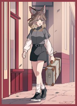 1girl :d absurdres animal_ear_fluff animal_ears artist_name belt black_belt black_shorts blonde_hair border brown_hair cat_ears cat_girl cat_tail character_name commentary_request full_body gradient_hair green_eyes grey_shirt highres holding holding_suitcase layered_sleeves long_sleeves looking_at_viewer marycia_(vrchat) medium_hair multicolored_hair open_mouth outdoors rei2110_vrc shirt shirt_tucked_in shoes short_over_long_sleeves short_sleeves shorts signature smile sneakers socks solo suitcase tail vrchat walking white_shirt white_socks