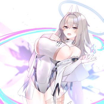 1girl animal_ears bare_shoulders blue_halo blush bodysuit breasts chaos_zero_nightmare commentary_request detached_sleeves grey_hair halo hand_up horns large_breasts long_hair mechanical_horns mechanical_wings noche_(noche_dmn) open_mouth purple_eyes sereniel_(chaos_zero_nightmare) sideboob standing thighs white_bodysuit wings