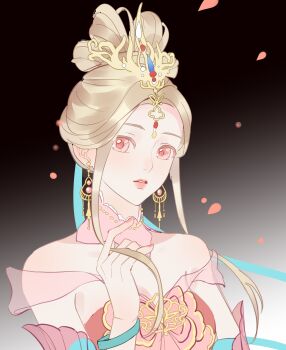 Rule 34 | 1girl, absurdres, aqua ribbon, black background, blonde hair, bow-shaped hair, breasts, chinese clothes, chinese commentary, cleavage, collar, commentary request, detached collar, detached sleeves, dress, earrings, expressionless, gold earrings, gradient background, hair bun, hair ribbon, high collar, highres, holding, holding own hair, infinity nikki, jewelry, large breasts, light blush, lipstick, long sidelocks, long sleeves, makeup, moonlit immortal (infinity nikki), mushuang611, nikki (series), parted lips, petals, pink collar, pink dress, pink eyes, pink lips, pink shawl, pink sleeves, ribbon, shawl, short hair with long locks, sidelocks, single hair bun, solo, strapless, strapless dress, tiara, updo, upper body