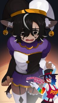 2girls absurdres adversarial_noise animal_ears asymmetrical_legwear black_gloves black_hair black_hat black_shorts black_thighhighs blush breasts clown clown_nose crop_top cupcake_(yoako) detached_sleeves fang fingerless_gloves garter_straps gloves hat heart heart_print highres holding holding_wand jester jester_cap large_breasts miniskirt mismatched_legwear multicolored_hair multiple_girls navel original rabbit_ears rabbit_girl rabbit_tail rainbow_print red_shirt sheep_ears shirt shorts skirt smile tail thighhighs two-tone_hair wand white_gloves white_hair white_thighhighs yoako