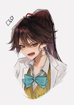 2025 alternate_hair_color artist_name bambietta_basterbine bleach bleach:_sennen_kessen-hen bow brown_hair collarbone hair_ornament highres jacket long_hair ponytail portrait quincy_(bleach) sternritter ui_1231 white_jacket