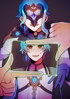 1boy 1girl arms_up black_choker blue_hair blue_shirt blush choker coat covered_eyes cross dottore_(genshin_impact) earrings eye_mask finger_frame fingernails fur-trimmed_hood fur_trim genshin_impact grey_coat hair_between_eyes hands_up highres hood hooded_coat jacket jewelry long_sleeves looking_at_viewer mandarin_collar mask nahida_(genshin_impact) open_mouth purple_background red_eyes shirt short_hair sidelocks simple_background single_earring smile solo_focus square standing sweat sweatdrop white_jacket zidoriiii