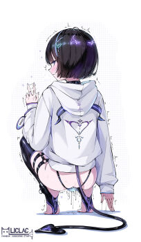 1girl black_choker black_thighhighs brown_hair choker dildo from_behind highres hood hoodie latex latex_thighhighs liclac looking_at_viewer medium_hair object_insertion original purple_eyes pussy_juice sex_toy skindentation solo squatting striped_clothes striped_thighhighs tail thighhighs v vaginal vaginal_object_insertion