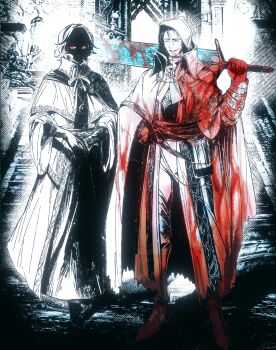 2boys absurdres architecture armor armor_under_clothes blood blood_on_clothes blood_on_face bloodborne bloody_weapon blurry blurry_background cape capelet character_request check_gender check_weapon chinese_commentary coif collared_cape collared_capelet commentary_request full_body gauntlets gender_request gothic_architecture greatsword greaves hand_on_own_hip highres huge_weapon kalianabokalisi looking_at_viewer male_focus meme moonlight_greatsword multiple_boys over_shoulder own_hands_together red_eyes robe shaded_face spot_color stairs standing sword torn_cape torn_clothes weapon weapon_over_shoulder weapon_request why_dis_ninja_look_so_mad_(meme)