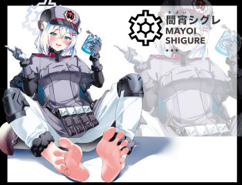 1girl absurdres animal_ears barefoot blue_archive blue_eyes blush feet hat highres jungui looking_at_viewer medium_hair open_mouth shigure_(blue_archive) soles toes white_hair