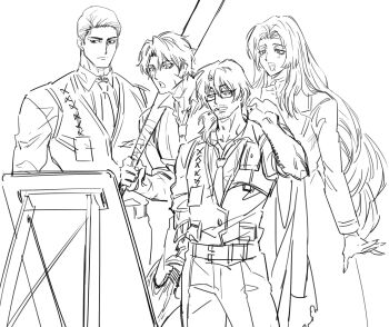 1girl 3boys :d absurdres arthropod_limbs baseball_bat beard_stubble belt breast_pocket buckle canvas_(object) chest_harness cigarette closed_mouth coat collared_shirt expressionless facial_hair fingernails formal_clothes glasses gregor_(project_moon) greyscale hair_between_eyes hair_intakes half-closed_eyes harness heathcliff_(project_moon) highres holding holding_baseball_bat holding_coat holding_unworn_clothes holding_weapon id_card jacket jitome kudomiya limbus_company lineart long_coat long_hair long_sleeves looking_down low_ponytail male_focus meursault_(project_moon) monochrome mouth_hold multiple_boys muscular muscular_male necktie open_mouth over_shoulder pants parted_bangs photoshop_(medium) pocket ponytail project_moon rodion_(project_moon) sanpaku scar scar_on_face semi-rimless_eyewear shirt short_hair simple_background sketch smile smoking standing stubble suit teeth under-rim_eyewear unfinished unworn_coat very_long_hair vest wavy_hair weapon weapon_over_shoulder white_background