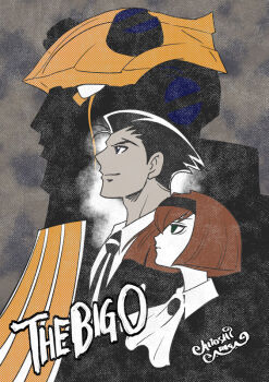 Rule 34 | 1boy, 1girl, ariga hitoshi, ascot, big o (mecha), black hair, black hairband, brown hair, canvas texture, closed mouth, commentary request, copyright name, green eyes, hairband, mecha, necktie, r dorothy wayneright, robot, roger smith, short hair, signature, striped necktie, the big o, white ascot