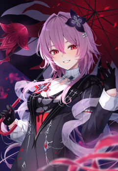 1girl black_dress black_gloves breasts clenched_teeth commentary_request dress earrings evernight_(honkai:_star_rail) evey_(honkai:_star_rail) flower flower_ornament gloves hair_flower hair_ornament half-jacket highres holding holding_umbrella honkai:_star_rail honkai_(series) jewelry long_hair long_sleeves looking_at_viewer march_7th_(honkai:_star_rail) medium_breasts memosprite official_alternate_costume official_alternate_eye_color official_alternate_hair_length official_alternate_hairstyle pink_hair red_eyes sakuno_(sksk_sakuno) single_bare_shoulder single_earring smile solo teeth umbrella upper_body