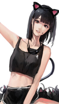 1girl absurdres animal_ear_hairband animal_ears arm_up bare_shoulders black_hair black_hairband black_shorts blunt_bangs blunt_ends bob_cut breasts brown_eyes cat_ear_hairband cat_ears cat_girl cat_tail collarbone commentary cowboy_shot dolphin_shorts english_commentary eyebrows_hidden_by_hair facial_mark fake_animal_ears hairband highres looking_at_viewer mac_star mask mask_around_neck midriff mouth_mask original parted_lips short_shorts shorts simple_background sitting small_breasts solo star_(symbol) star_facial_mark straight-on tail white_background