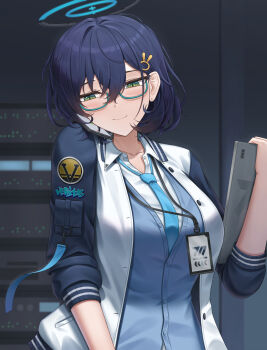 1girl aqua-framed_eyewear blue_archive blue_cardigan blue_hair blue_halo blue_necktie blue_sleeves blush breasts cardigan cellphone chihiro_(blue_archive) closed_mouth collarbone commentary cowboy_shot earrings glasses green_eyes hair_between_eyes hair_ornament halo highres holding holding_tablet_pc id_card indoors jacket jewelry lanyard large_breasts lazb. multicolored_jacket necktie open_clothes open_mouth phone rabbit_hair_ornament red_halo semi-rimless_eyewear shirt short_hair sidelocks sleeves_rolled_up smartphone smile solo standing stud_earrings tablet_pc talking_on_phone two-tone_jacket under-rim_eyewear white_jacket white_shirt