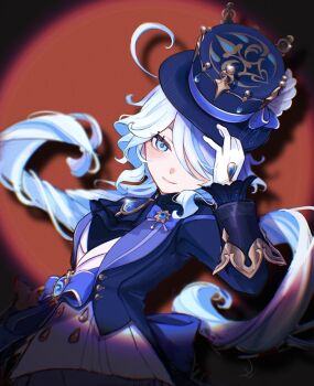 1girl ahoge ascot basilian_31 blue_ascot blue_bow blue_eyes blue_gemstone blue_hair blue_hat blue_jacket bow closed_mouth commentary_request furina_(genshin_impact) gem genshin_impact gloves hair_over_one_eye hat highres jacket long_hair long_sleeves looking_at_viewer multicolored_hair signature smile solo streaked_hair top_hat twintails upper_body very_long_hair vision_(genshin_impact) white_gloves white_hair