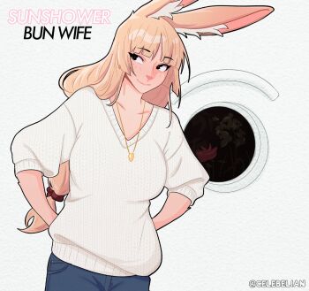 1girl album_cover_redraw animal_ear_fluff animal_ears animal_nose arms_behind_back artist_name black_eyes blonde_hair breasts casual celebelian closed_mouth commentary cowboy_shot derivative_work english_commentary highres jewelry large_breasts long_hair looking_at_viewer necklace original parted_bangs rabbit_ears rabbit_girl smile solo sunshower_(ohnuki_taeko) sweater white_background white_sweater