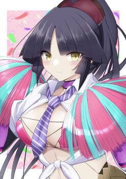 1girl absurdres bikini black_hair blush breasts cheerleader commentary_request cosplay fate/grand_order fate_(series) highres ibuki_douji_(fate) ibuki_douji_(swimsuit_berserker)_(fate) ibuki_douji_(swimsuit_berserker)_(fate)_(cosplay) joints katou_danzou_(fate) long_hair looking_at_viewer mechanical_arms medium_breasts moyashi_(pixiv44153669) ponytail robot_girl robot_joints smile swimsuit yellow_eyes