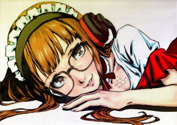 1girl absurdres behind-the-head_headphones black-framed_eyewear black_hairband blunt_bangs brown_eyes close-up commentary_request frilled_hairband frilled_sleeves frills glasses hairband hand_on_ground headphones highres long_hair looking_at_viewer lying maid maid_headdress mixed-language_commentary oeilvert_fft official_alternate_costume on_side orange_hair parted_lips persona persona_5 persona_5:_the_phantom_x portrait sakura_futaba shirt short_sleeves smile solo watermark white_background white_shirt