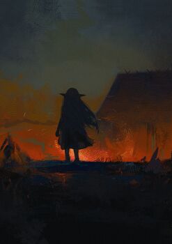 1girl absurdres dress elf fire frieren from_behind highres house koukouya long_hair night pointy_ears scenery solo sousou_no_frieren