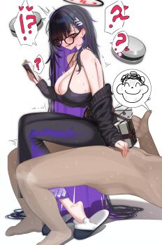 !? 1boy 1girl absurdly_long_hair absurdres barefoot bespectacled black-framed_eyewear black_camisole black_hair black_skirt blue_archive blush book breasts camisole clothed_female_nude_male commentary cosplay doodle_sensei_(blue_archive) full_body girl_on_top glasses goddess_of_victory:_nikke halo heart hetero highres holding holding_book huge_breasts label_(nikke) label_(nikke)_(cosplay) long_hair looking_at_viewer mizikayo nude on_stool red_eyes rio_(blue_archive) sensei_(blue_archive) sideboob simple_background sitting skirt slippers solo_focus spoken_character spoken_heart spoken_interrobang stool symbol-only_commentary thumbs_up very_long_hair white_background white_slippers