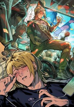 1boy air_guitar bed_sheet birthday_sash black_shirt blonde_hair blush bunting cable cellphone charger charging_device commentary_request dreaming emphasis_lines faceless faceless_male flying_sweatdrops green_jacket green_pants happy happy_birthday highres holding holding_instrument holding_maracas inkya_lovecome instrument iphone jacket jewelry karaoke karaoke_box long_sleeves lying male_focus maracas motion_lines multiple_views necklace nishimura_haruhi official_art ohji130 on_back on_bed on_table open_mouth pants parted_bangs parted_lips phone saliva sash screen second-party_source shirt short_hair shoulder_sash sidelocks sleeping smartphone solo_focus speech_bubble speed_lines standing sweat table tambourine thought_bubble three-quarter_sleeves white_shirt