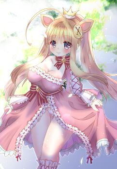 1girl ahoge animal_ears balloonpig_alma blonde_hair breasts button_hair_ornament choker cleavage cleavage_cutout clothing_cutout dress emil_chronicle_online frilled_dress frills grey_eyes highres large_breasts long_sidelocks panties pig_ears pig_girl pink_dress pink_panties ponytail red_ribbon red_sash ribbon ribbon_choker sash sidelocks skirt_hold solo thighs underwear yukiomi_kizuki