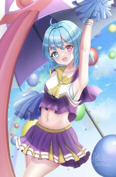 1girl absurdres alternate_costume arm_up balloon blue_eyes blue_hair blurry blurry_background cheerleader collarbone crop_top heterochromia highres holding holding_pom_poms hyakuya_iori karakasa_obake looking_at_viewer navel open_mouth outdoors pom_pom_(cheerleading) pom_poms purple_skirt purple_umbrella red_eyes revision short_hair skirt smile solo tatara_kogasa tatara_kogasa_(sunshine-praying_umbrella) tongue touhou touhou_lostword umbrella white_umbrella