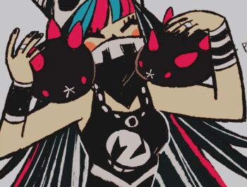 1girl bandana bandana_over_mouth black_bandana black_hair black_nails black_tank_top blue_hair blue_streaks blush blush_stickers closed_eyes commentary crossover danganronpa_(series) danganronpa_2:_goodbye_despair english_commentary eyelashes fingernails gen_7_pokemon gothlete99 grey_background jewelry long_hair mioda_ibuki multicolored_hair nail_polish necklace nintendo on_shoulder pink_eyes pink_hair pink_streaks pokemon pokemon_(creature) pokemon_on_shoulder pokemon_sm pyukumuku ring simple_background streaked_hair tank_top team_skull team_skull_uniform third-party_source upper_body white_hair