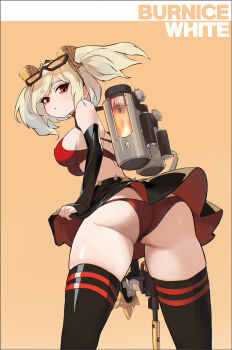 Rule 34 | 1girl, absurdres, ass, black skirt, black thighhighs, blonde hair, bra, breasts, burnice white, cowboy shot, expressionless, eyewear on head, flamethrower, hair between eyes, highres, holding flamethrower, holding weapon, long hair, looking at viewer, looking back, orange background, panties, red bra, red eyes, red panties, rimeye, sideboob, sidelocks, simple background, skirt, solo, sunglasses, thighhighs, thighs, underwear, zenless zone zero
