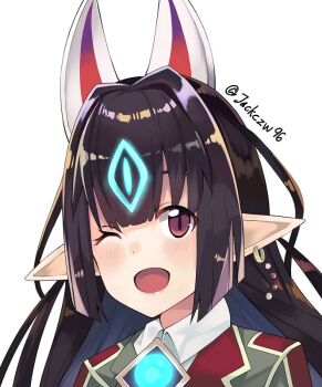 1girl animal_ears black_hair blush female_focus fox_mask j@ck kasandra_(xenoblade) long_hair looking_at_viewer mask nintendo one_eye_closed open_mouth pointy_ears red_eyes school_uniform simple_background smile solo white_background xenoblade_chronicles_(series) xenoblade_chronicles_2