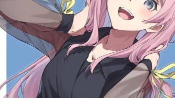 1girl arms_up bang_dream! bang_dream!_it's_mygo!!!!! blue_background blush chihaya_anon close-up grey_eyes highres kanade_(kanade_3344) long_hair long_sleeves open_mouth pink_hair see-through_clothes see-through_sleeves solo teeth upper_teeth_only