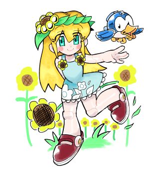 1girl 1her0 android beat_(mega_man) blonde_hair blue_dress blue_eyes blush closed_mouth dress flower full_body grass highres long_hair looking_at_viewer mega_man_(classic) mega_man_(series) red_shoes roll_(mega_man) shoes simple_background sleeveless sleeveless_dress smile solo sunflower white_background