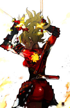 10s 1girl 2012 armor ass blonde_hair bodysuit dual_wielding female_focus gyaru hair_up holding japanese_armor kogal looking_back natsu_(soulcalibur) overlord_jc sheath short_sword shoulder_armor skin_tight sode solo soul_calibur soulcalibur soulcalibur_v sword weapon white_background yellow_eyes